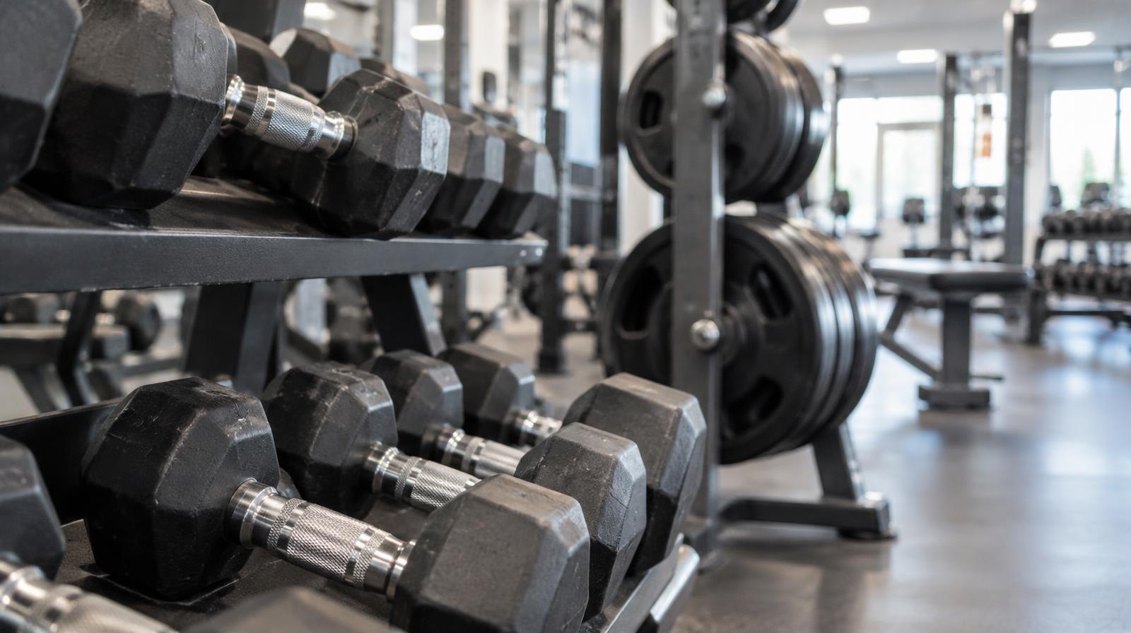 Dumbbells and weight plates arranged on a rack in a bright gym.
