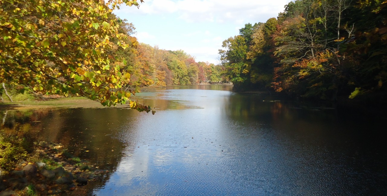 A calm lake surrounded by vibrant autumn foliage reflecting on the water.