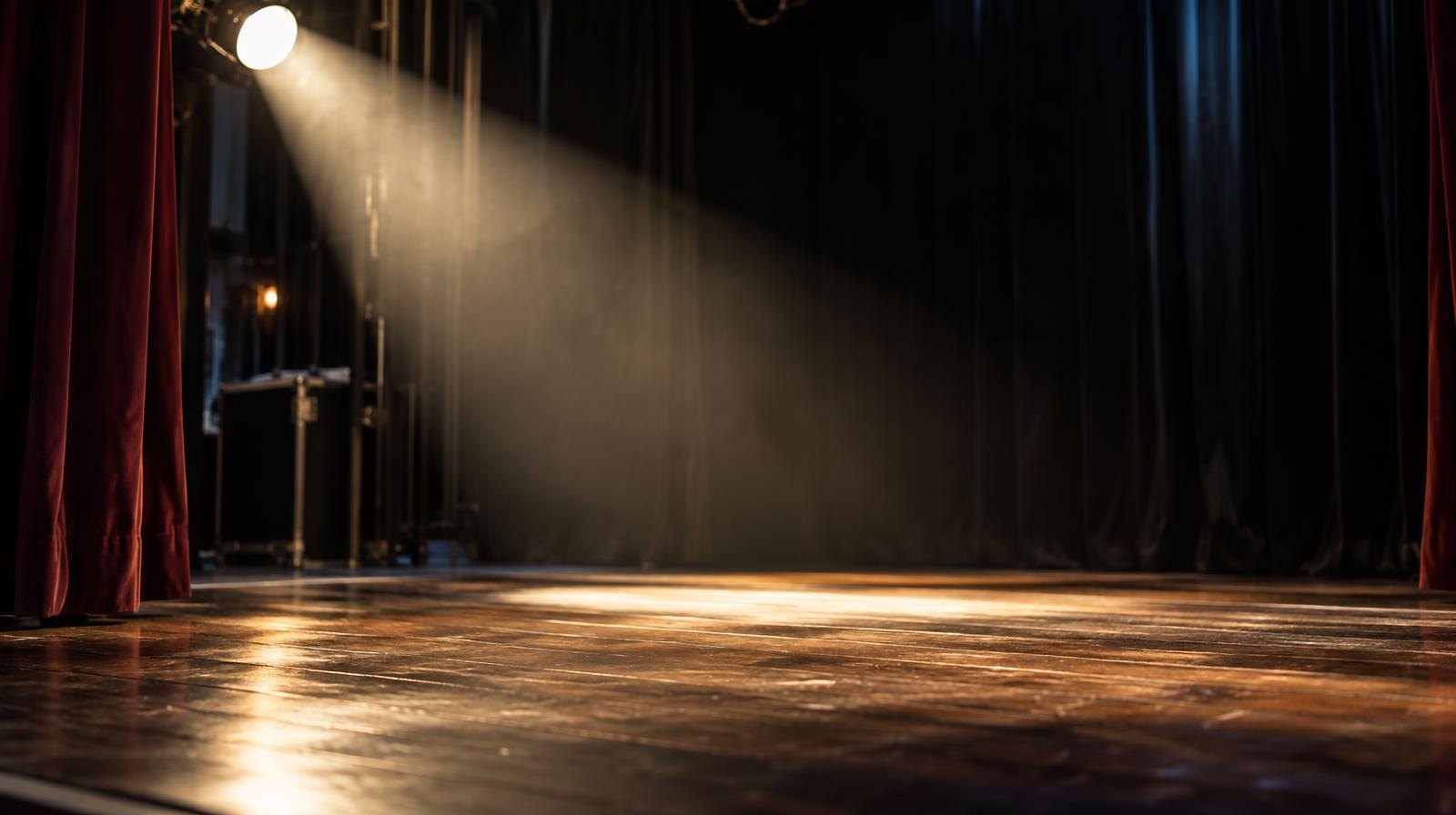A single spotlight shines on an empty stage with dark curtains.
