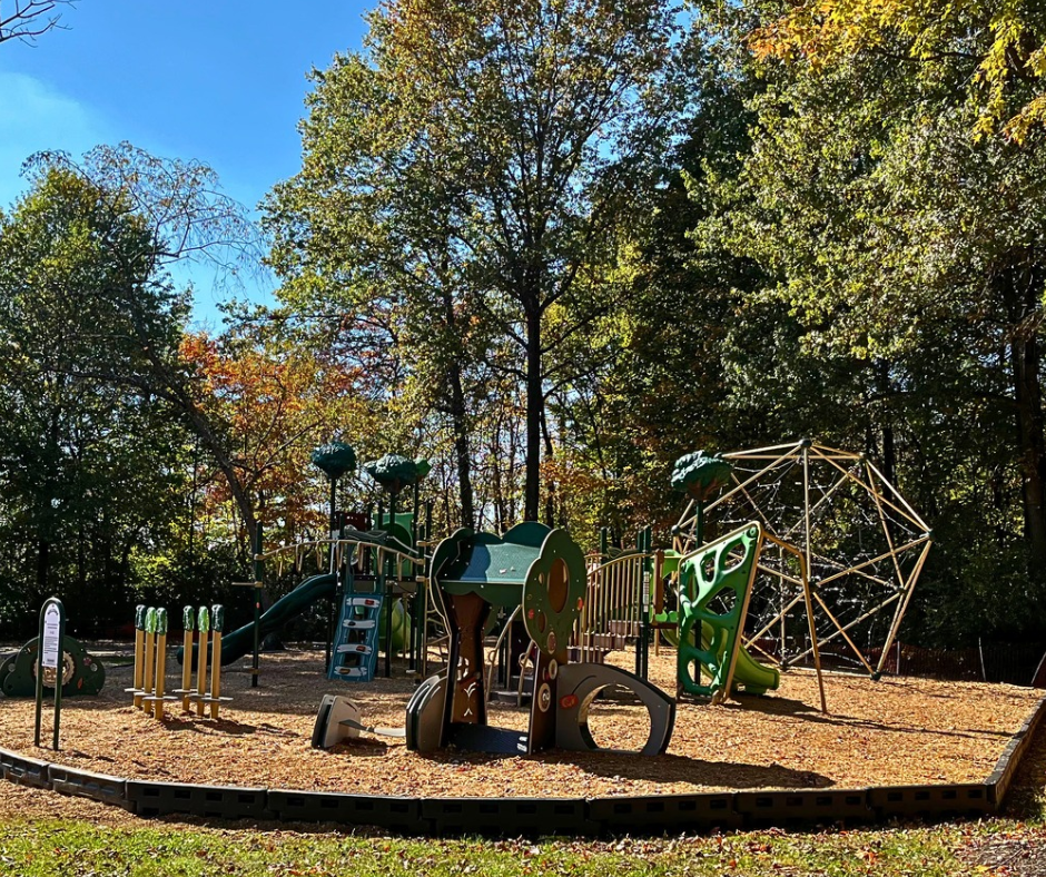 Children's playground with green nature-inspired equipment and wood chip surfacing amid autumn trees.
