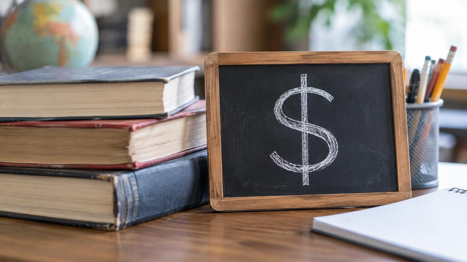 Stack of textbooks next to a small chalkboard with a dollar sign on a wooden surface.