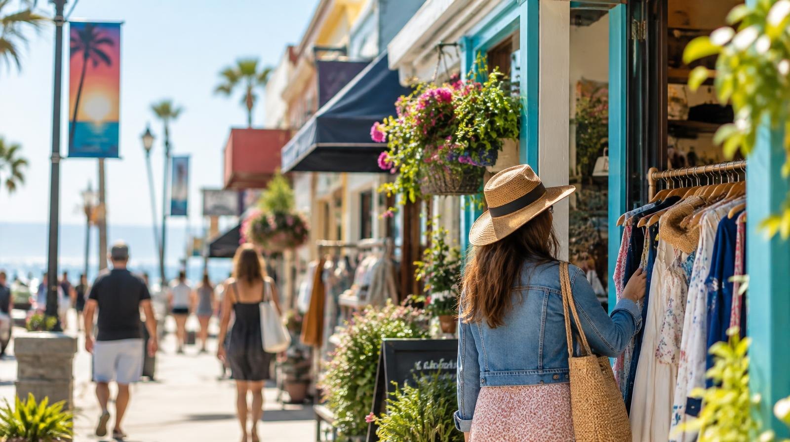 Colorful storefronts line a sunny small-town main street with pedestrians.