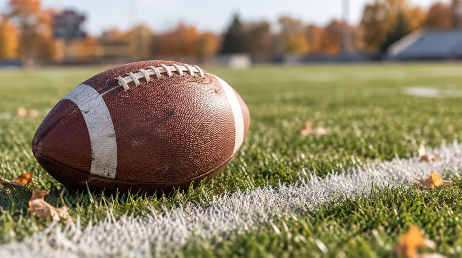 An American football resting on green grass beside a white painted yard line.