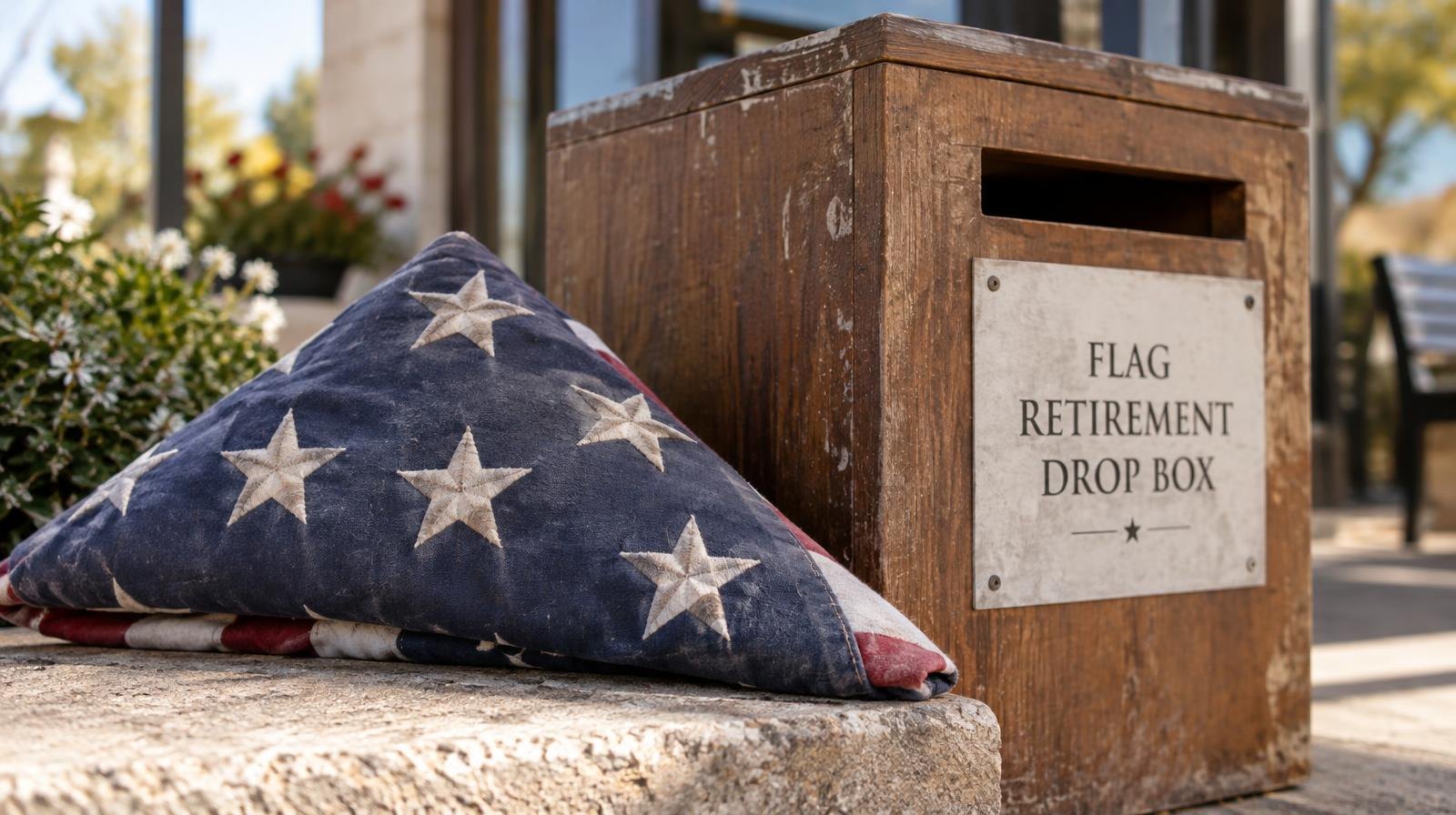 A folded worn American flag resting next to a wooden drop box with a slot.