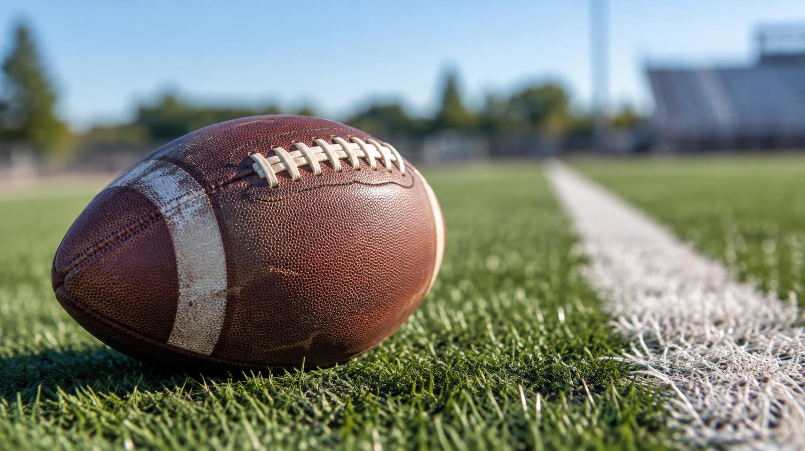 A brown leather football resting on green synthetic turf beside a white yard line.