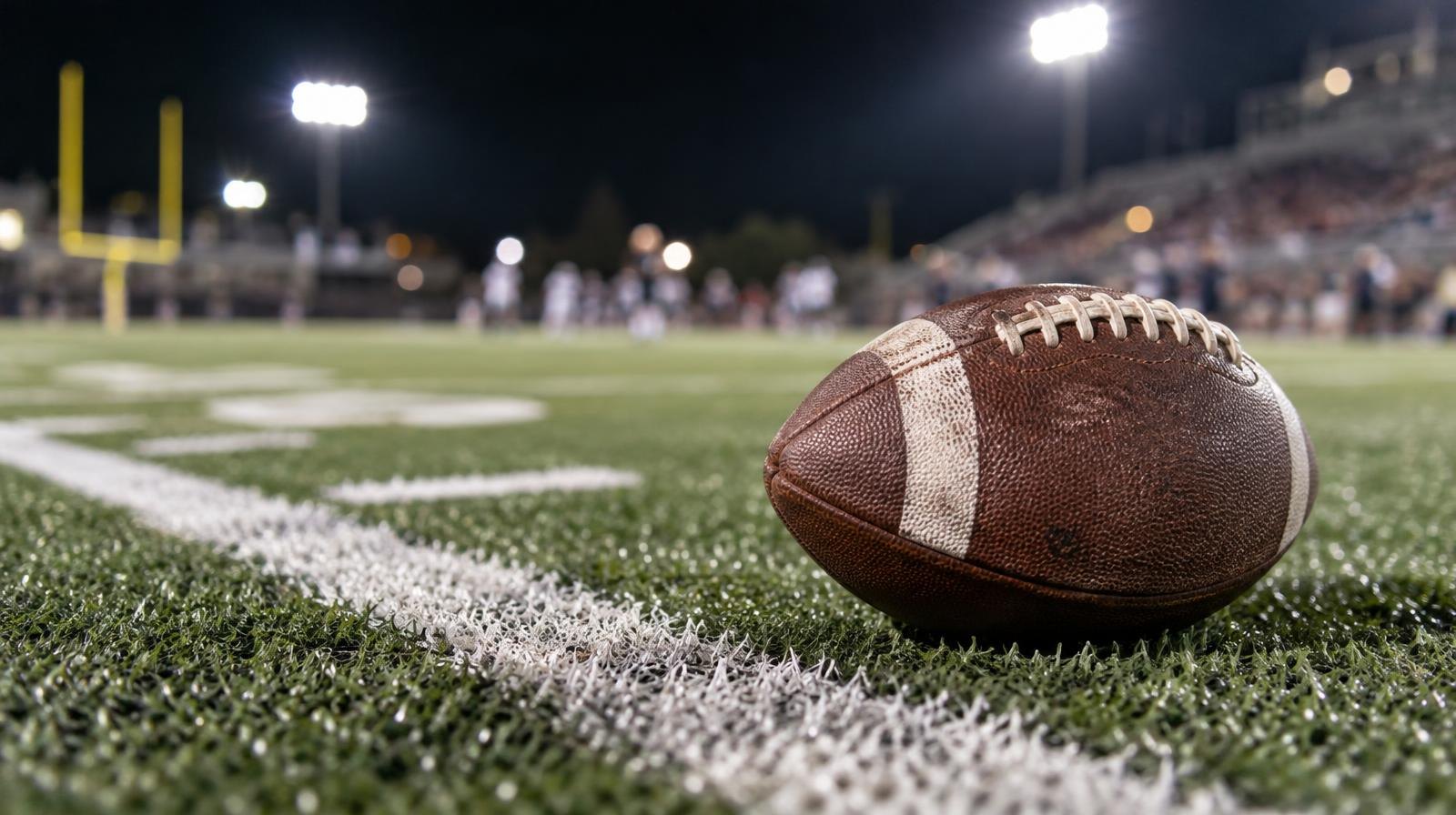 An American football on green artificial turf beside a painted white yard line.