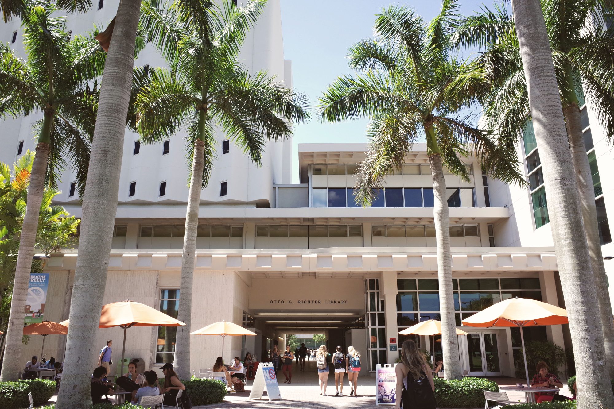 Vibrant University of Miami campus scene with students near Otto G. Richter Library.
