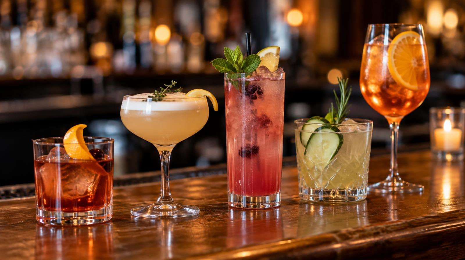 Several craft cocktails in different glasses lined up on a wooden bar.