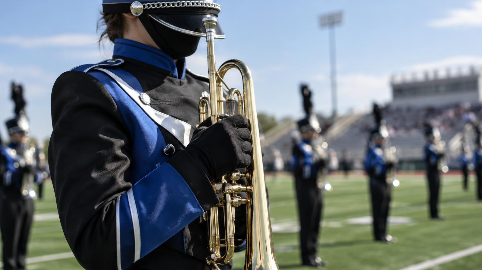Marching band member in formal uniform holding a brass instrument on a green field.