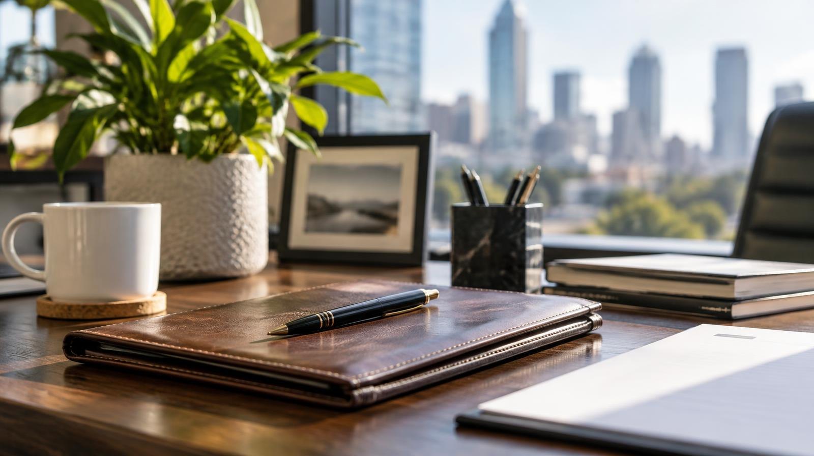 A leather portfolio and pen on a polished desk beside a sunlit office window.