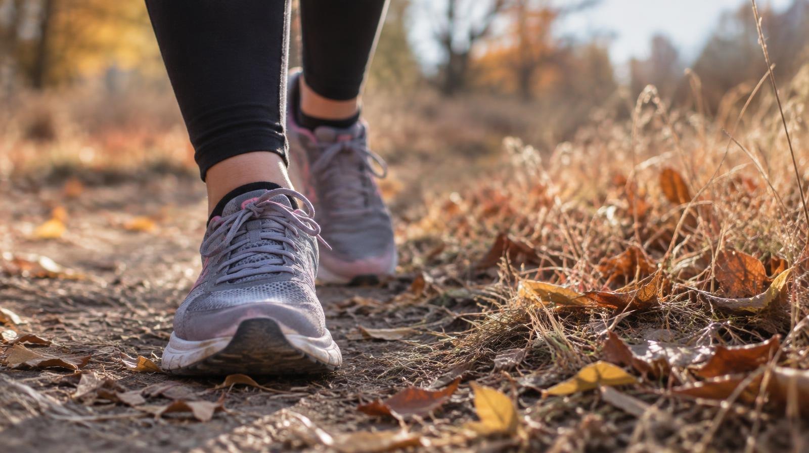 A pair of running shoes on a dirt trail surrounded by dry grass and leaves.