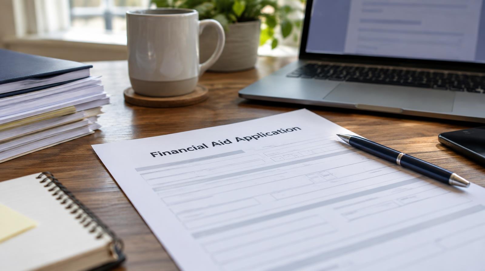 Financial aid application form on a desk with a pen and open laptop.
