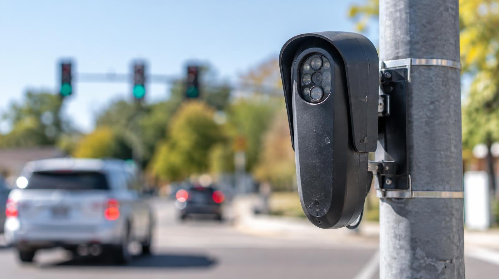 License plate reader camera mounted on a metal pole at a roadside intersection.