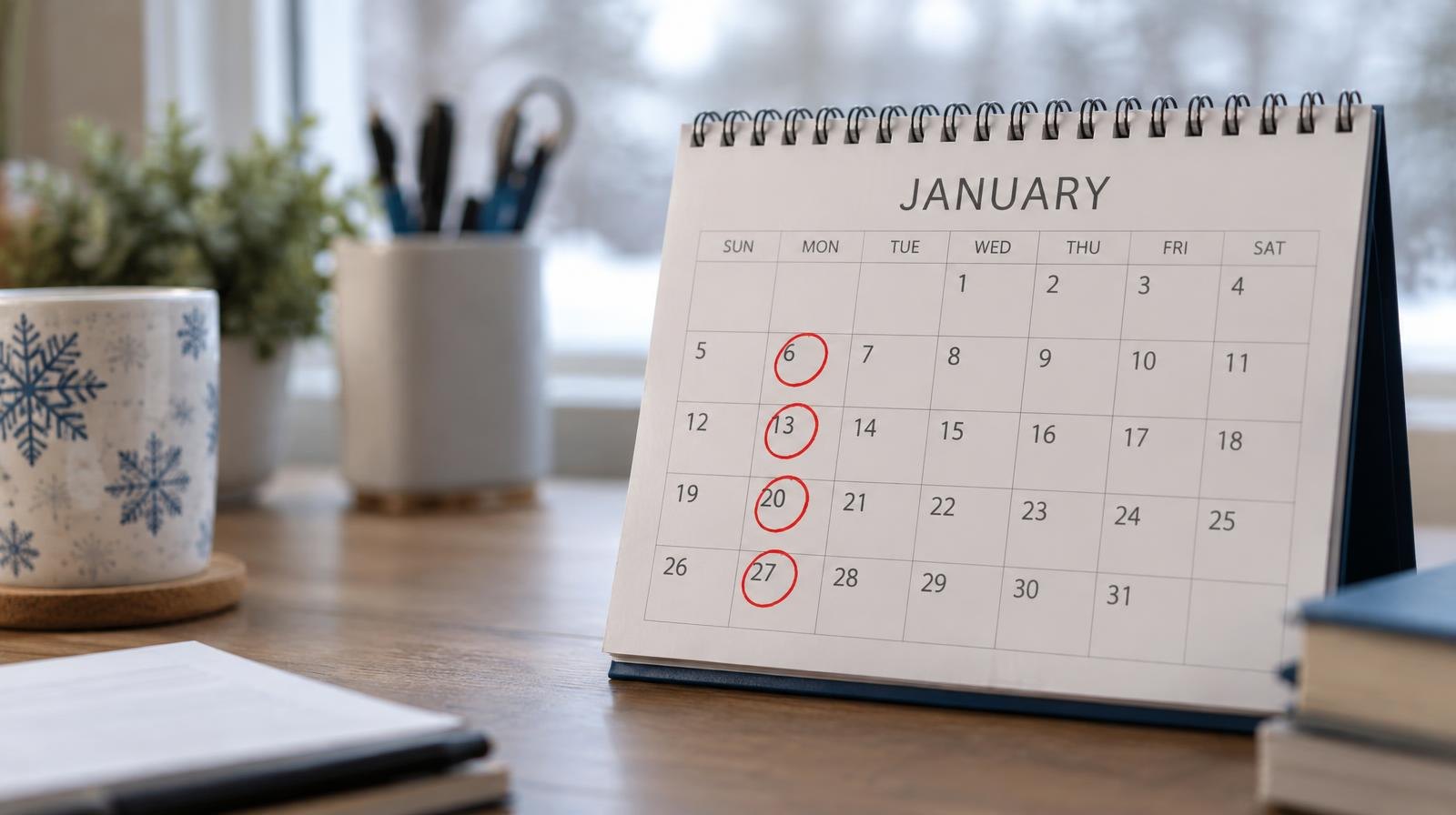 A desk calendar open to a winter month with several dates circled in red marker.