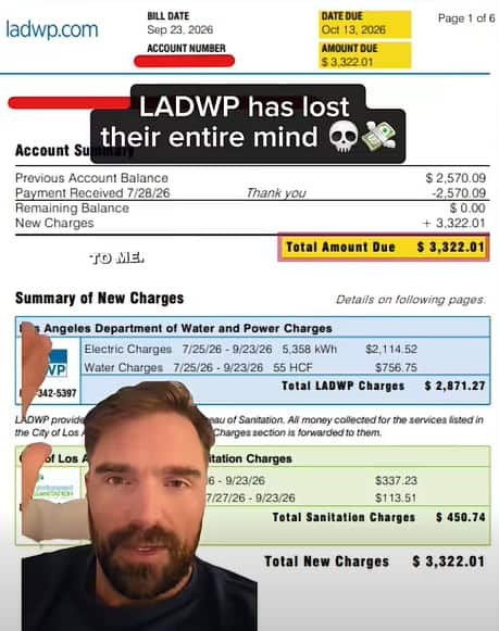 Screenshot of an LADWP utility bill showing a total amount due of over three thousand dollars.