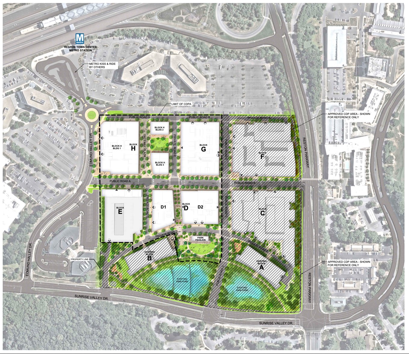 Color-coded site plan map showing labeled development blocks near a Metro station marker.
