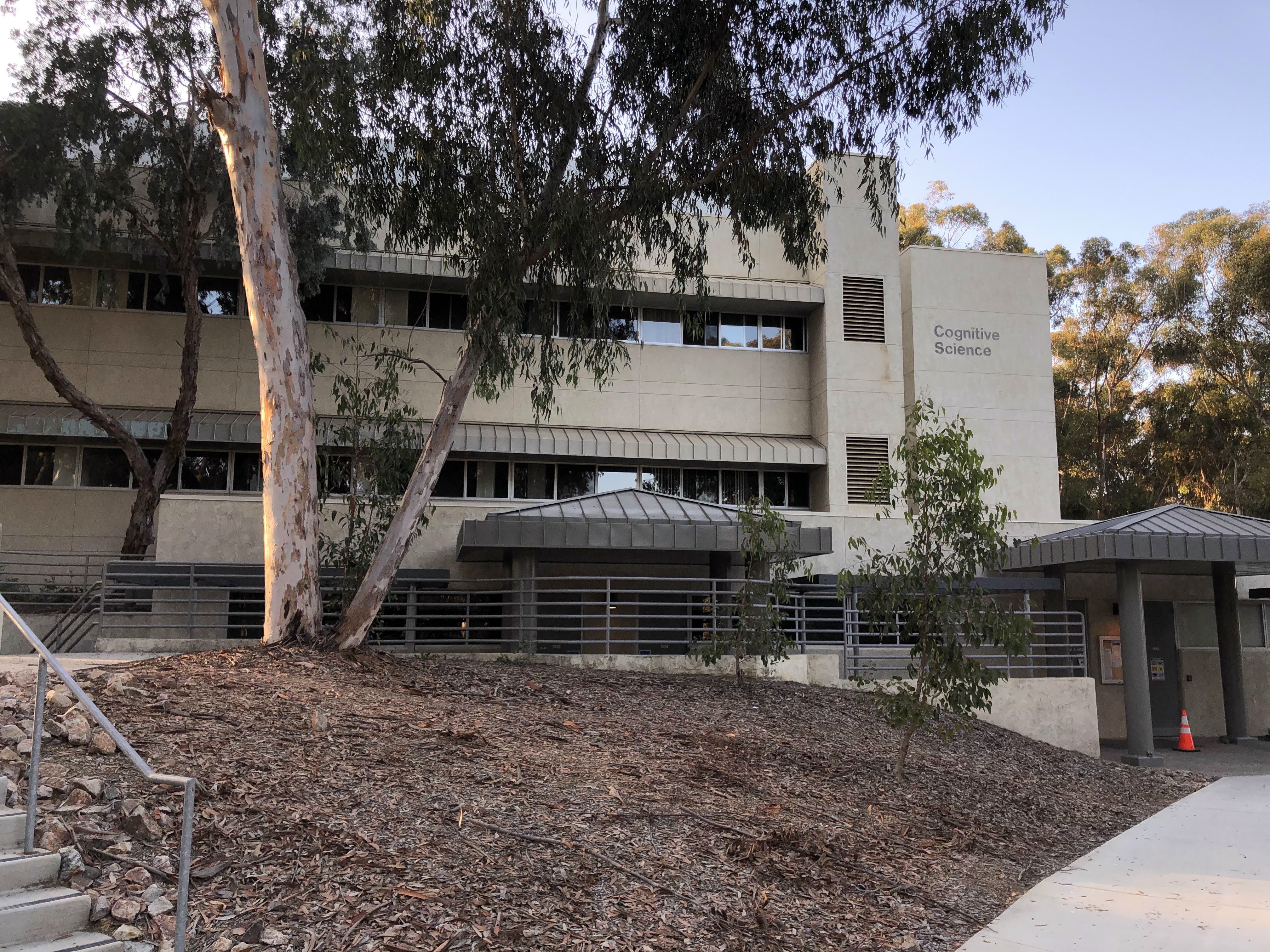 Multi-story concrete academic building labeled Cognitive Science, surrounded by eucalyptus trees.