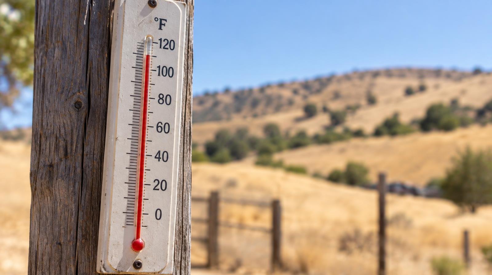 Outdoor thermometer on a wooden post showing a very high temperature reading.