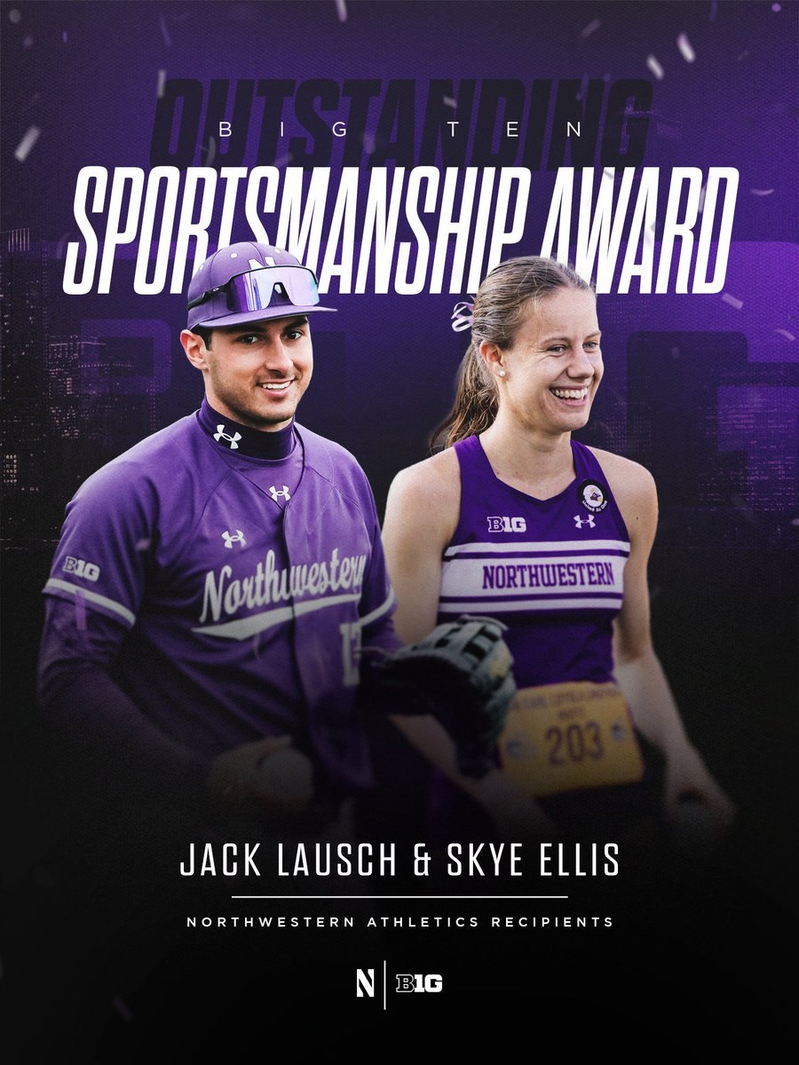 Promotional graphic showing two Northwestern athletes in purple uniforms with Big Ten sportsmanship award text.