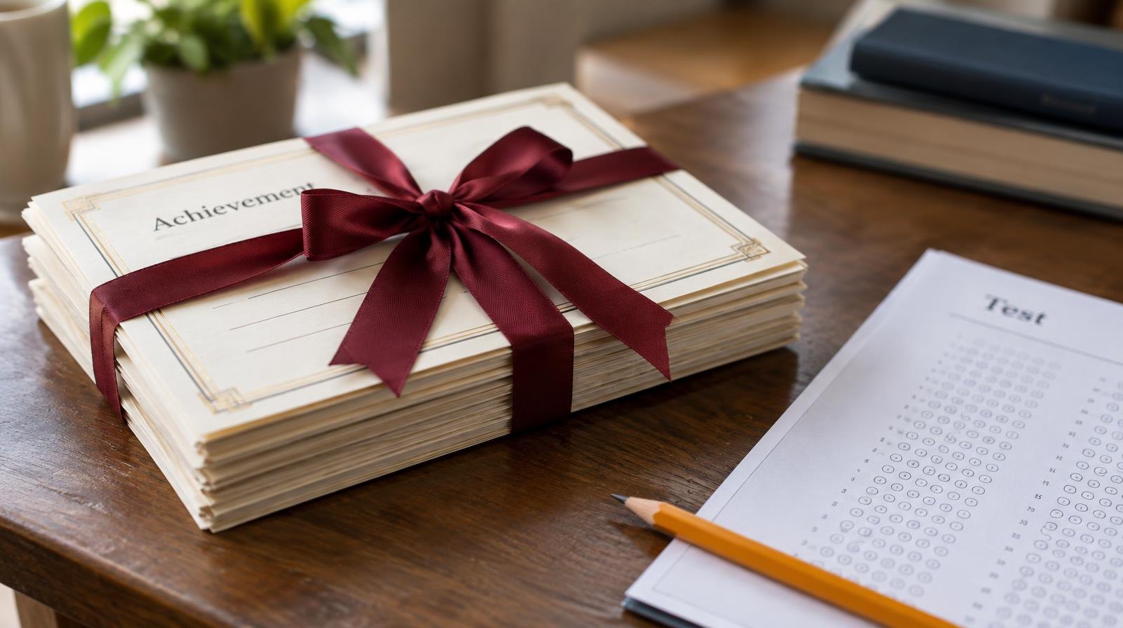 Stack of award certificates tied with a ribbon beside a pencil and test booklet on a wooden desk.