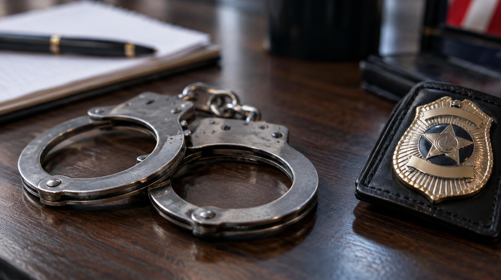 A pair of steel handcuffs resting on a dark surface beside a badge.