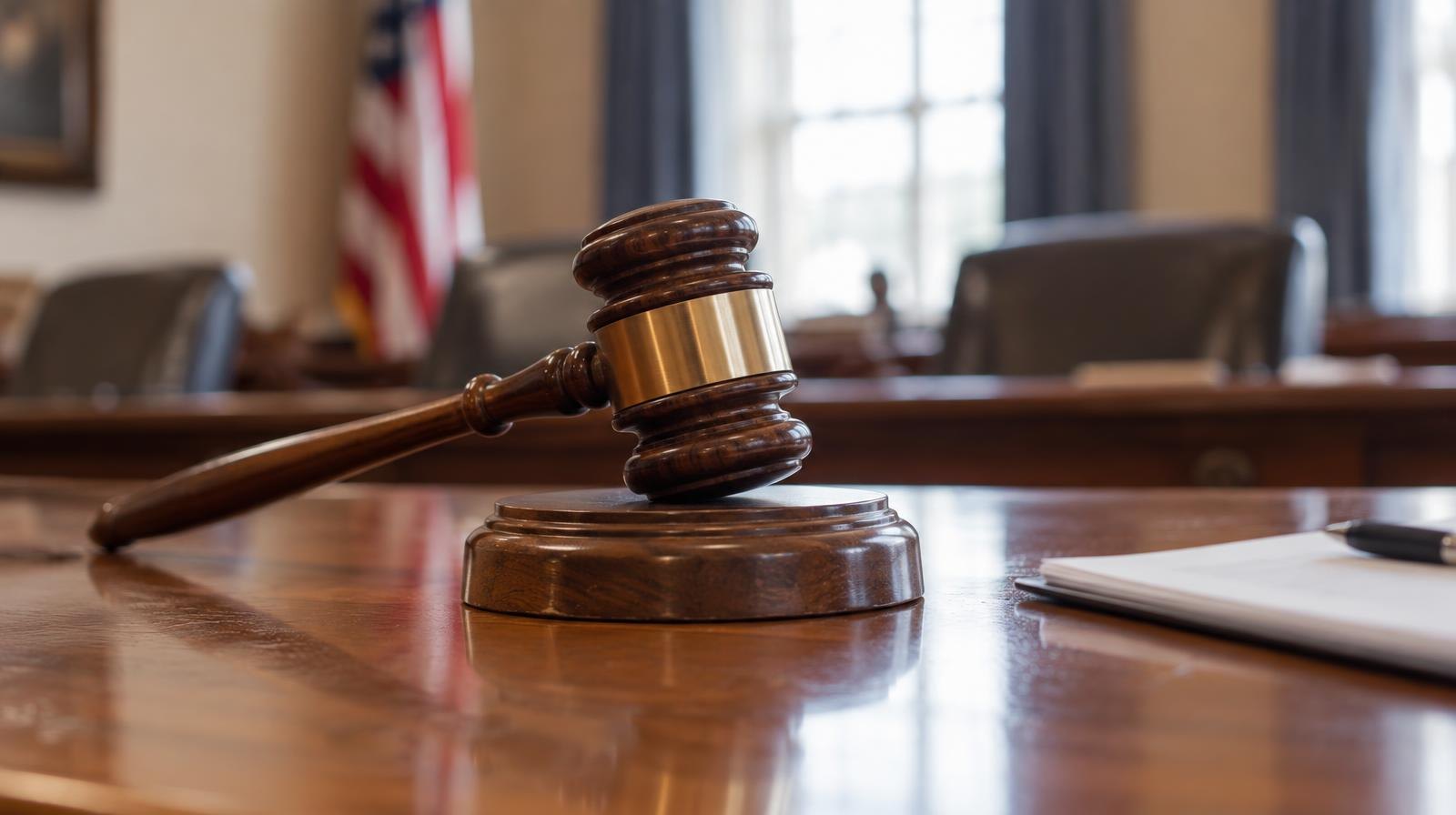 Wooden gavel resting on its sound block on a polished table.