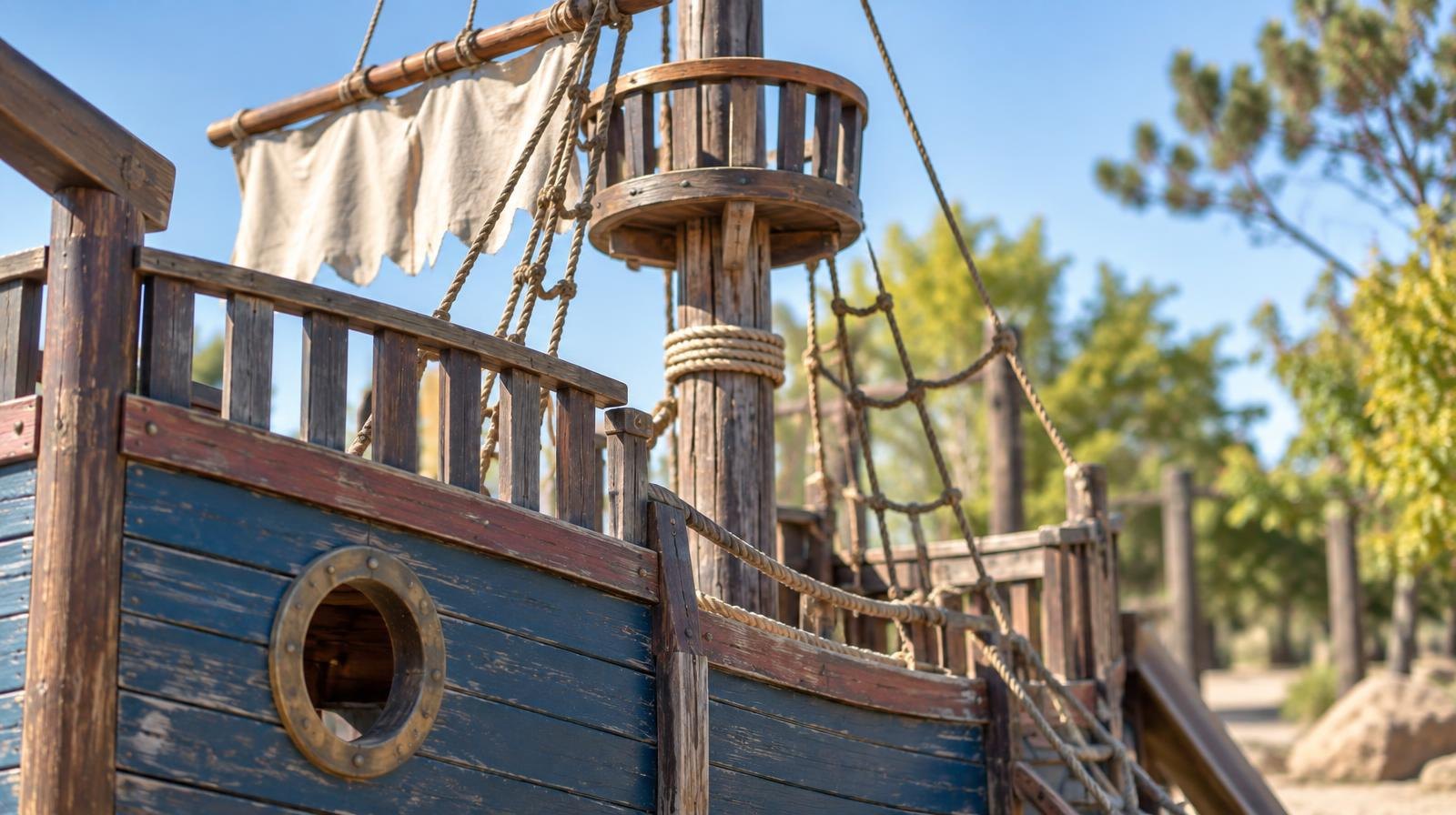 Wooden pirate ship playground structure with a mast, crow's nest, and rope rigging outdoors.