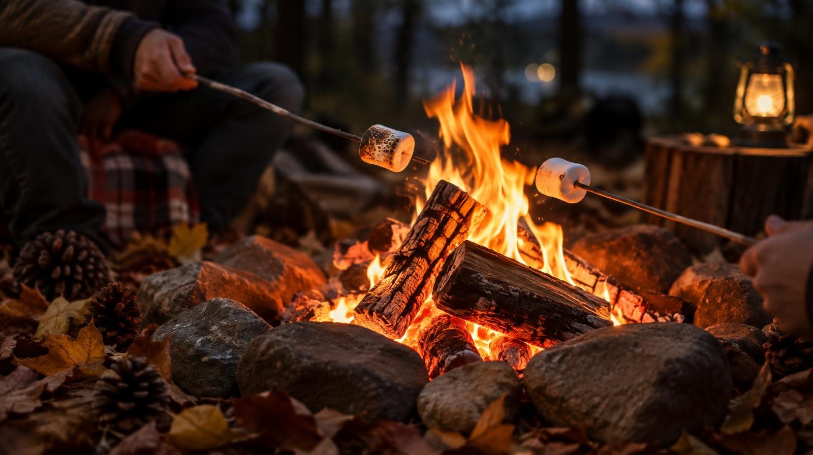 Glowing campfire with marshmallows on sticks over orange flames at night.