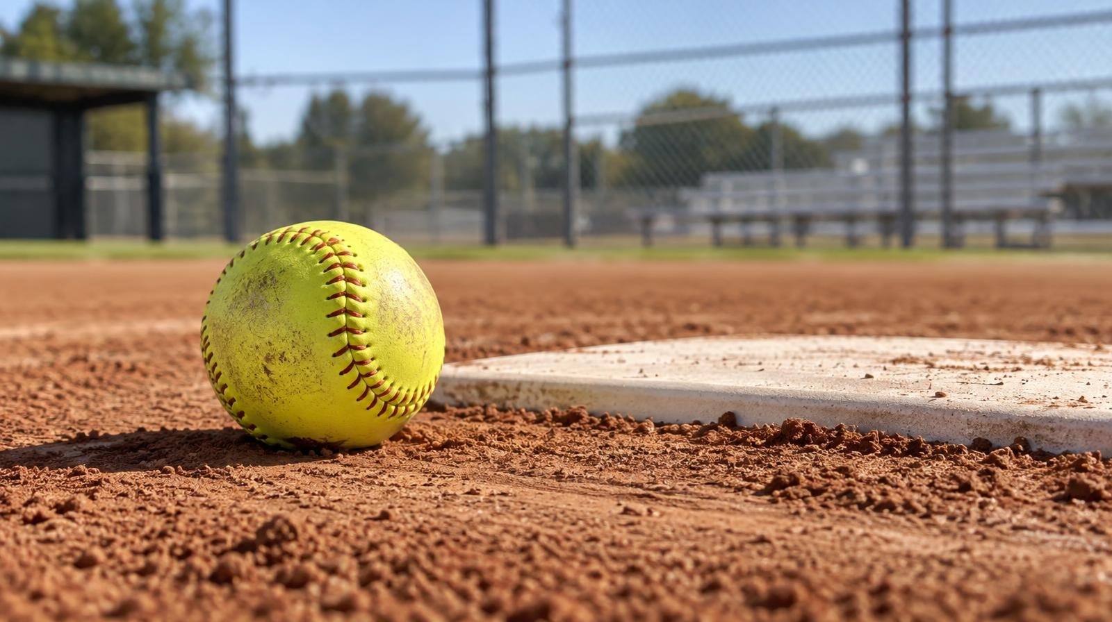 Yellow softball on a red-clay pitcher's mound beside a white pitching plate.
