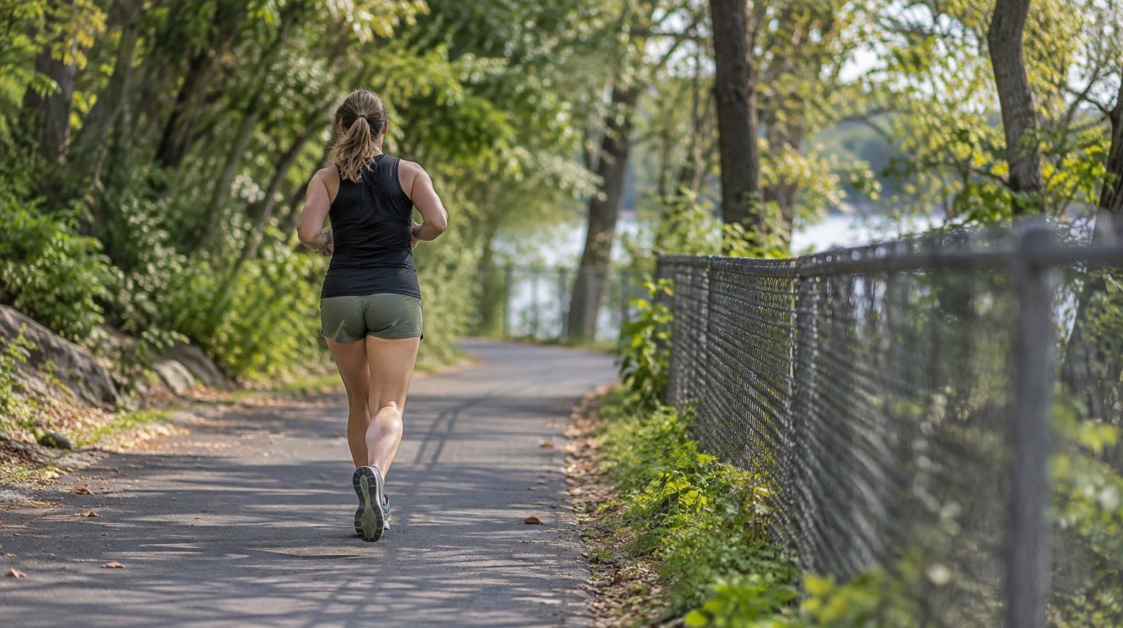 Paved trail through wooded park with chain-link fence along one side.