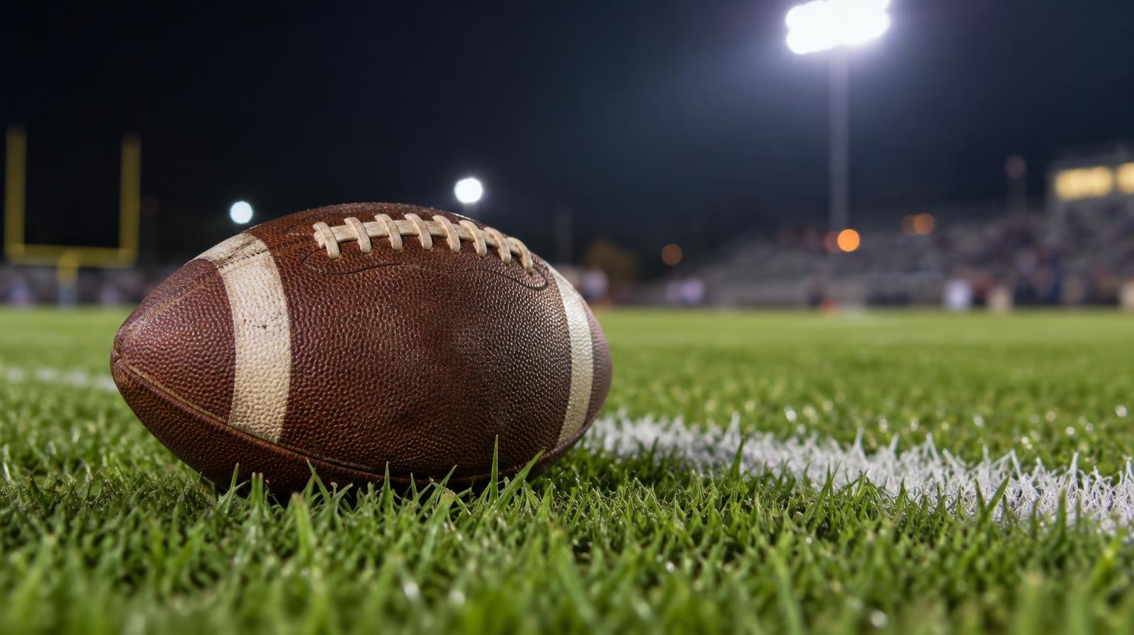 An American football on green grass near a white yard line under bright lights.