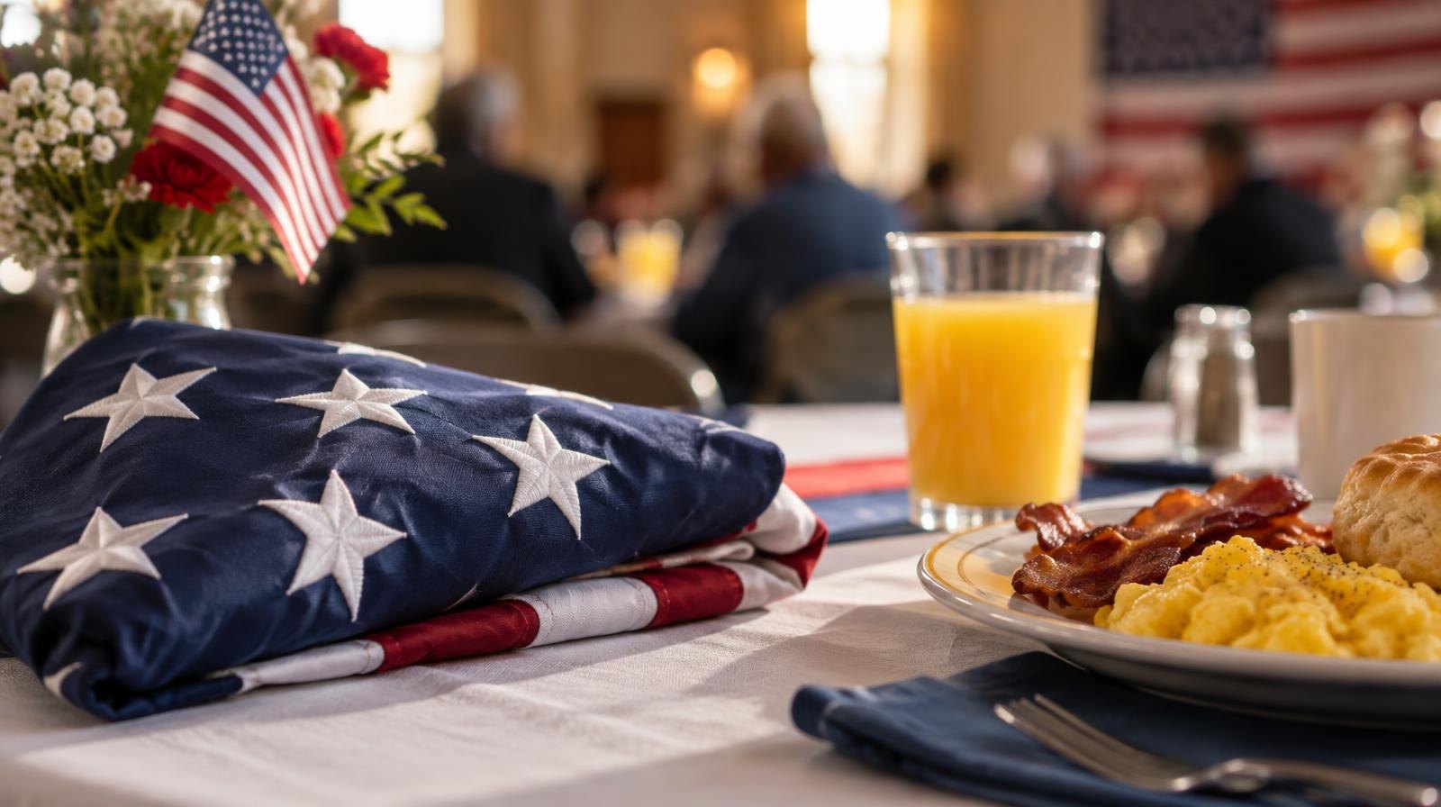 A folded American flag on a table next to a breakfast plate and orange juice.
