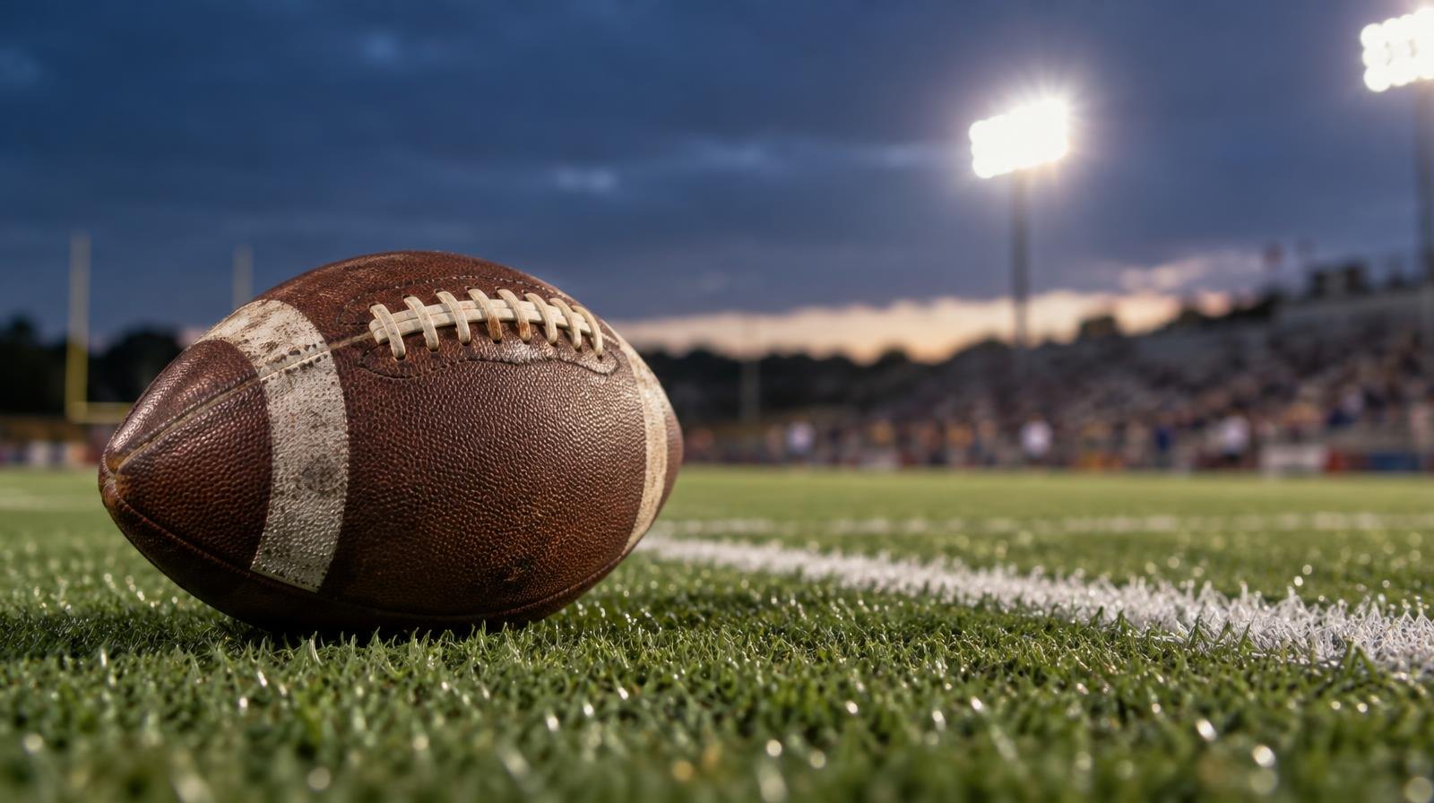 An American football resting on green artificial turf beside a white yard line.