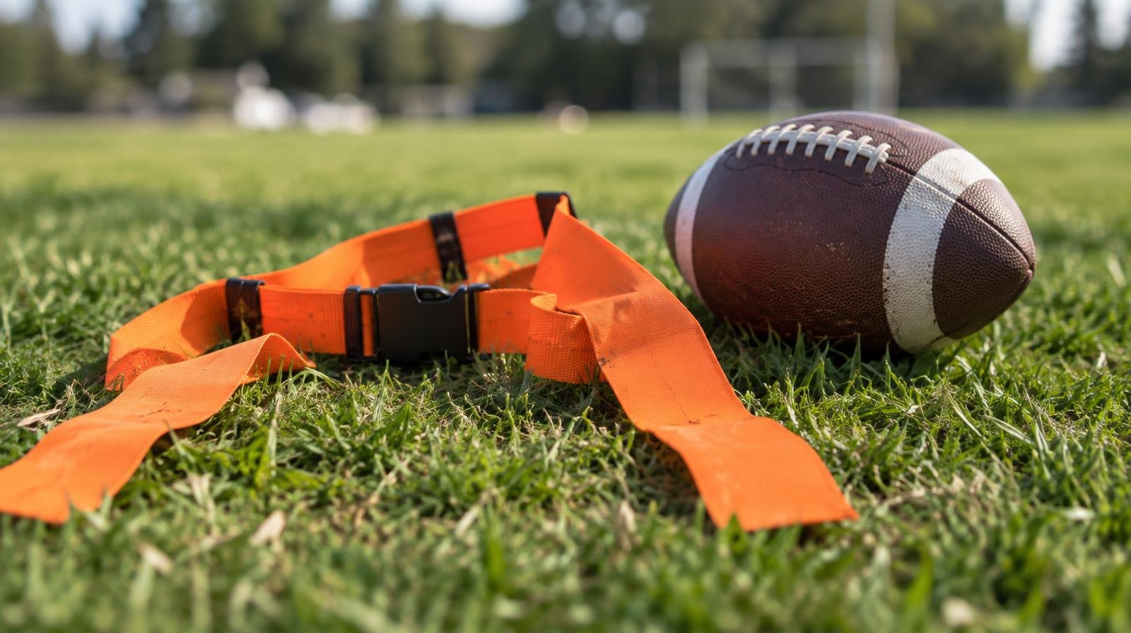 An orange flag football belt and football lying on green grass.