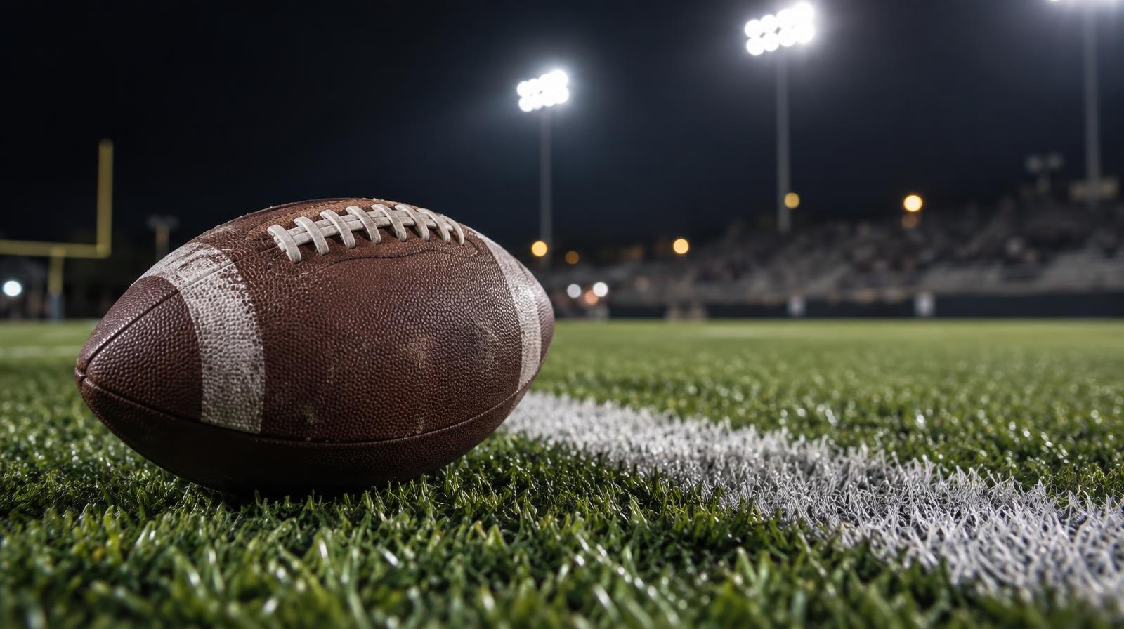 An American football on green turf beside a white yard line under bright stadium lights.