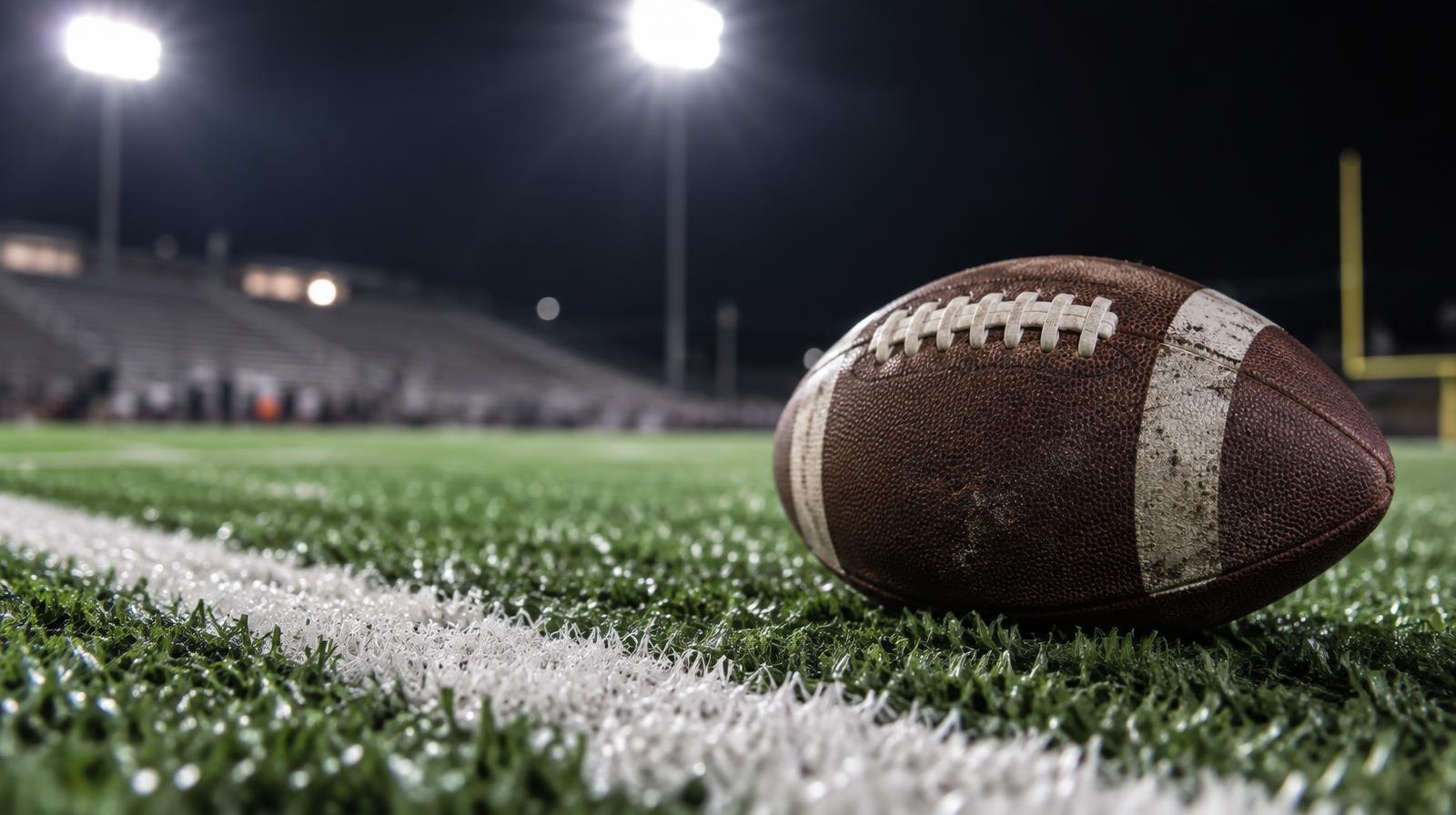 An American football on green turf beside a white yard line under bright stadium lights.