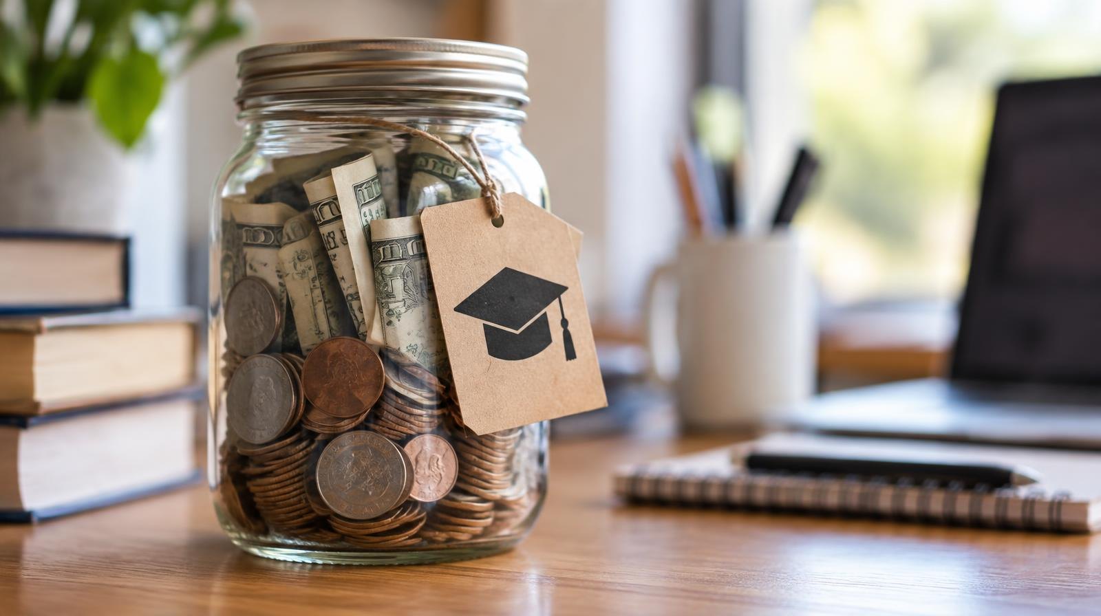 A glass jar filled with coins and rolled dollar bills beside a graduation cap tag.