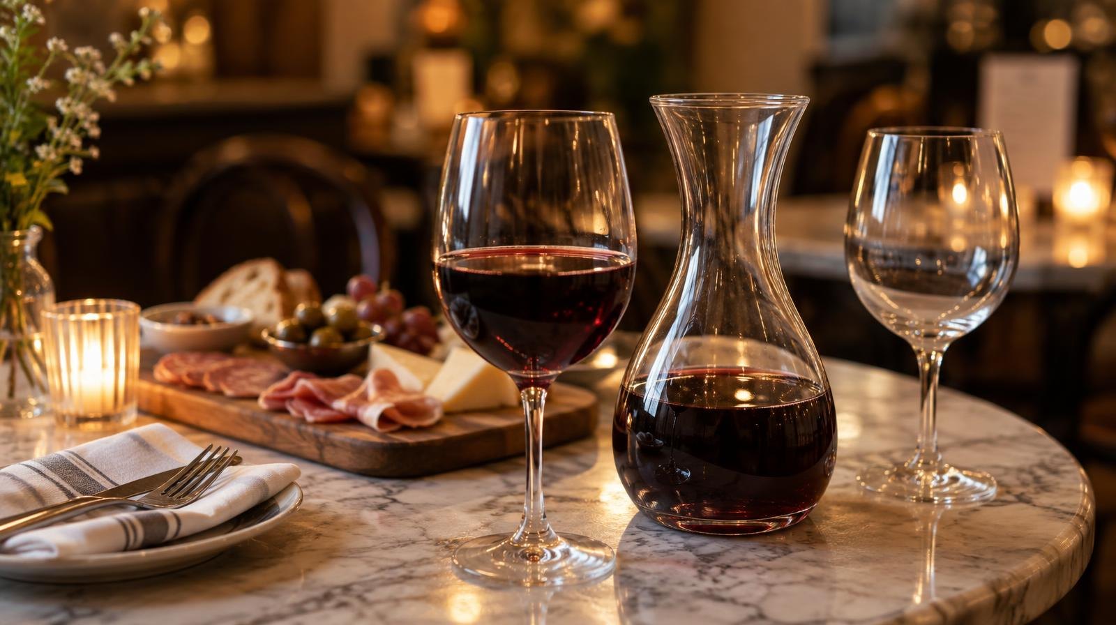 A glass of red wine and a carafe on a marble bistro table with a charcuterie board behind.