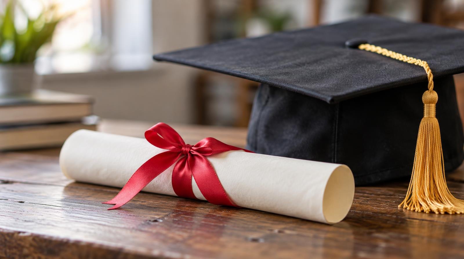 A rolled diploma tied with ribbon beside a graduation cap with a gold tassel on a wooden surface.