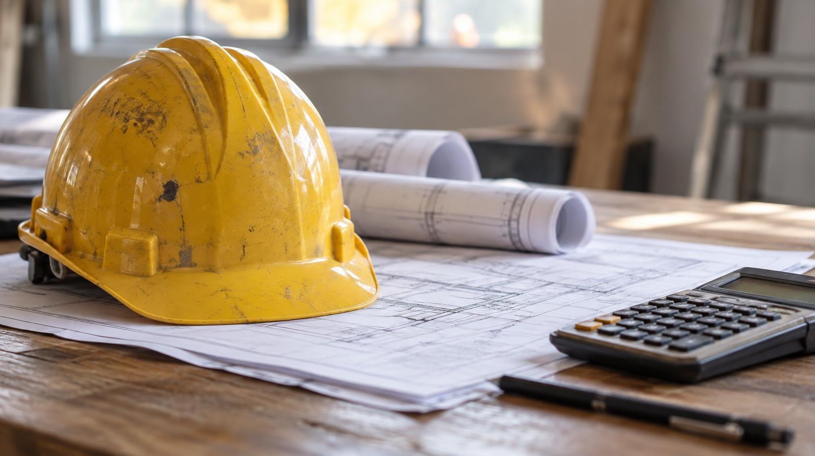 Yellow hard hat and rolled blueprints resting on a wooden desk beside a calculator.