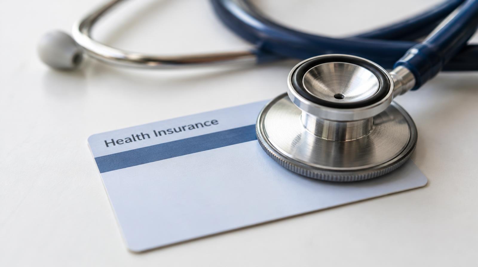 A stethoscope resting on a plain health insurance card on a white surface.
