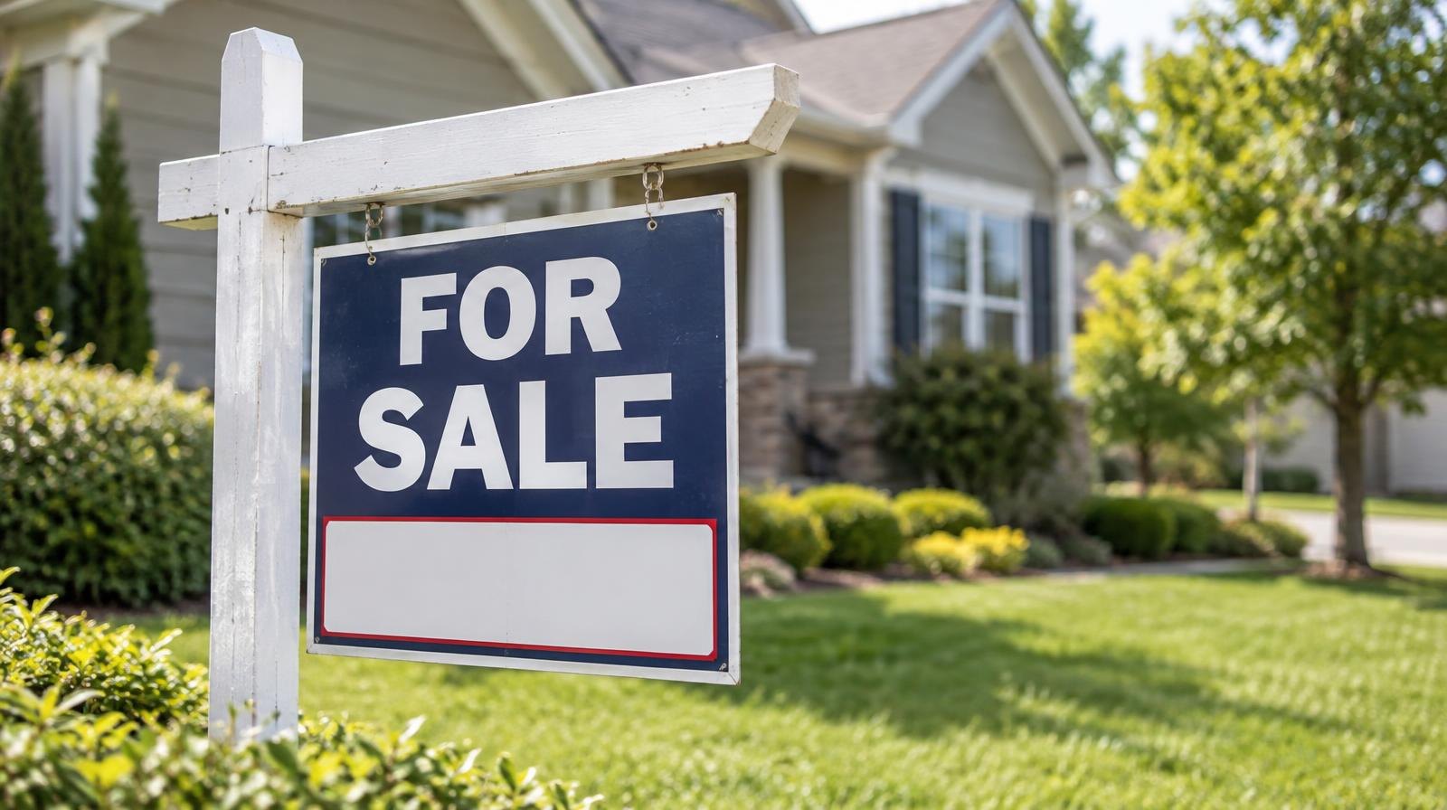A real estate for-sale sign planted in the green front lawn of a suburban house.