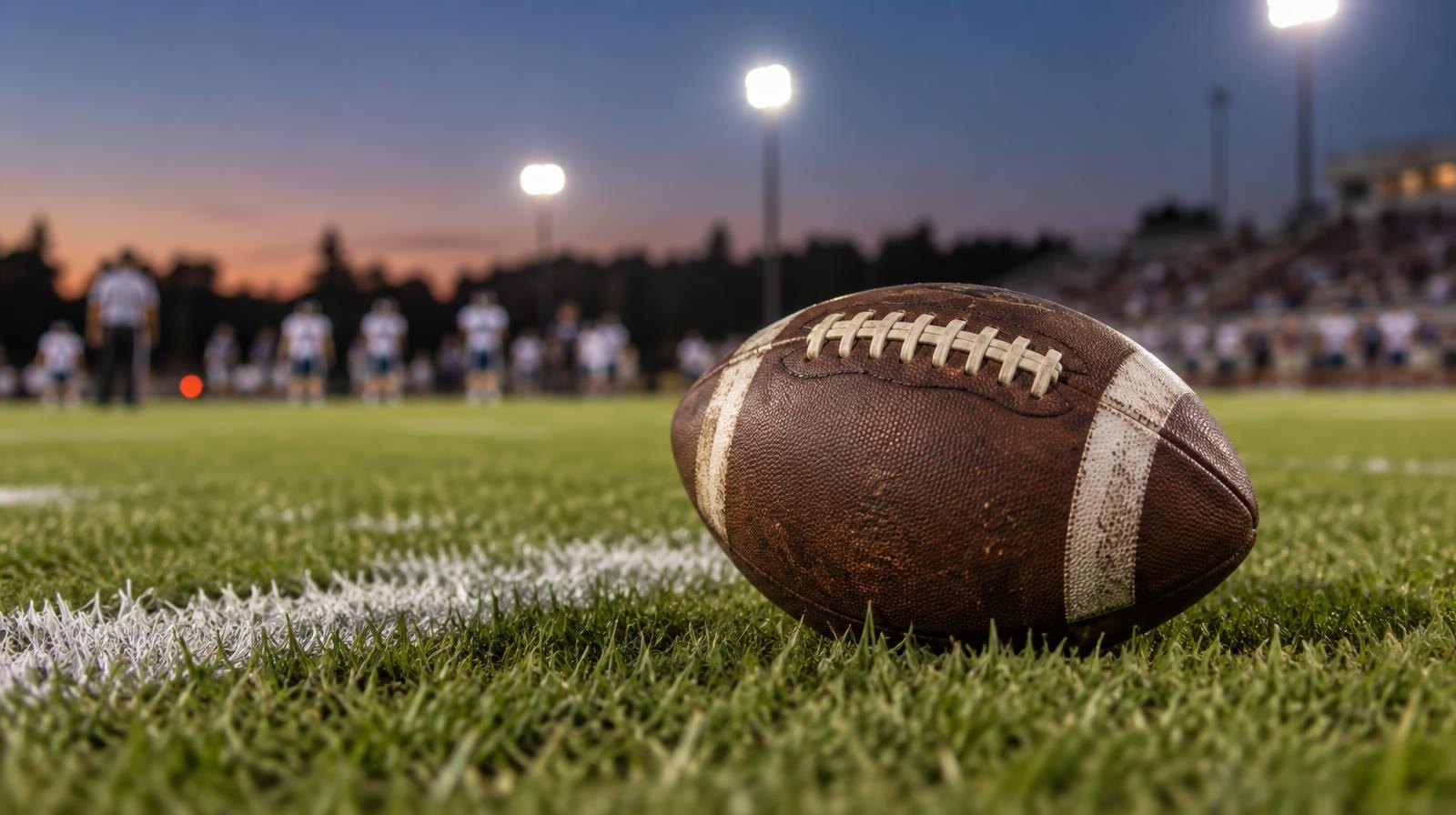 An American football resting on green grass beside a white yard line.