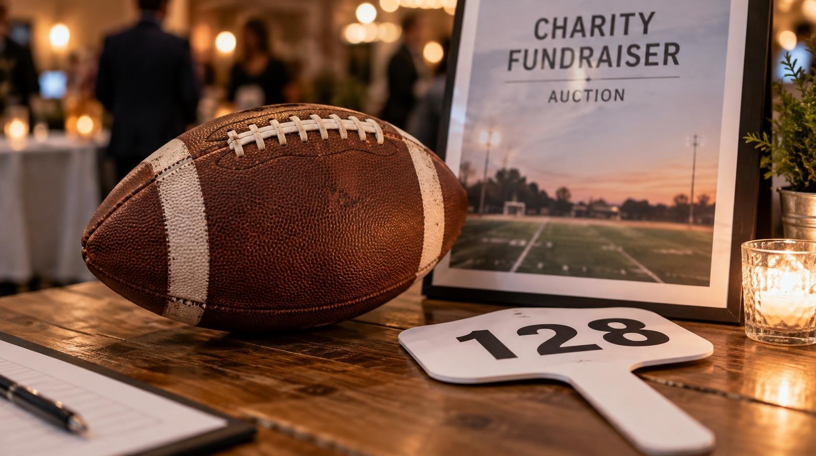 A football on a wooden table beside an auction paddle and a poster.