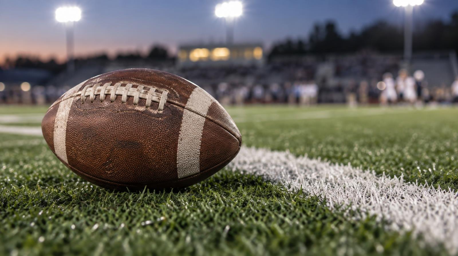 An American football resting on green turf beside a white yard line under bright lights.