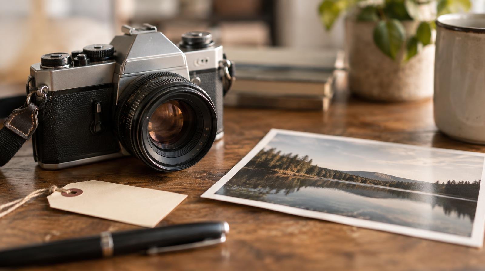 A film camera and printed photo on a wooden surface beside a pen.