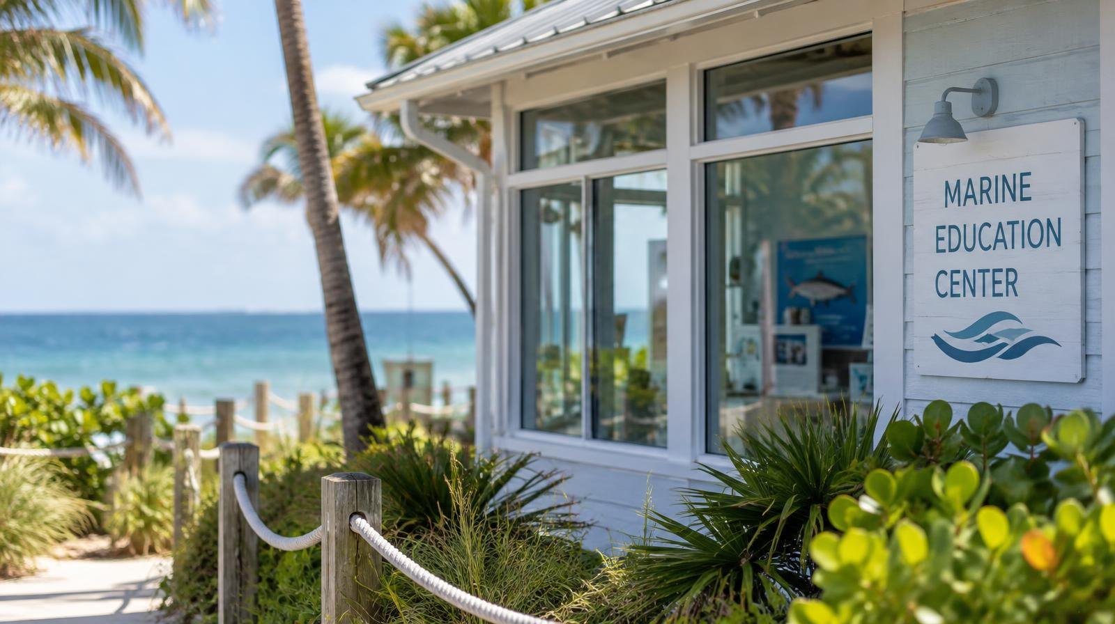 Small coastal building with large windows facing the ocean, surrounded by tropical plants.