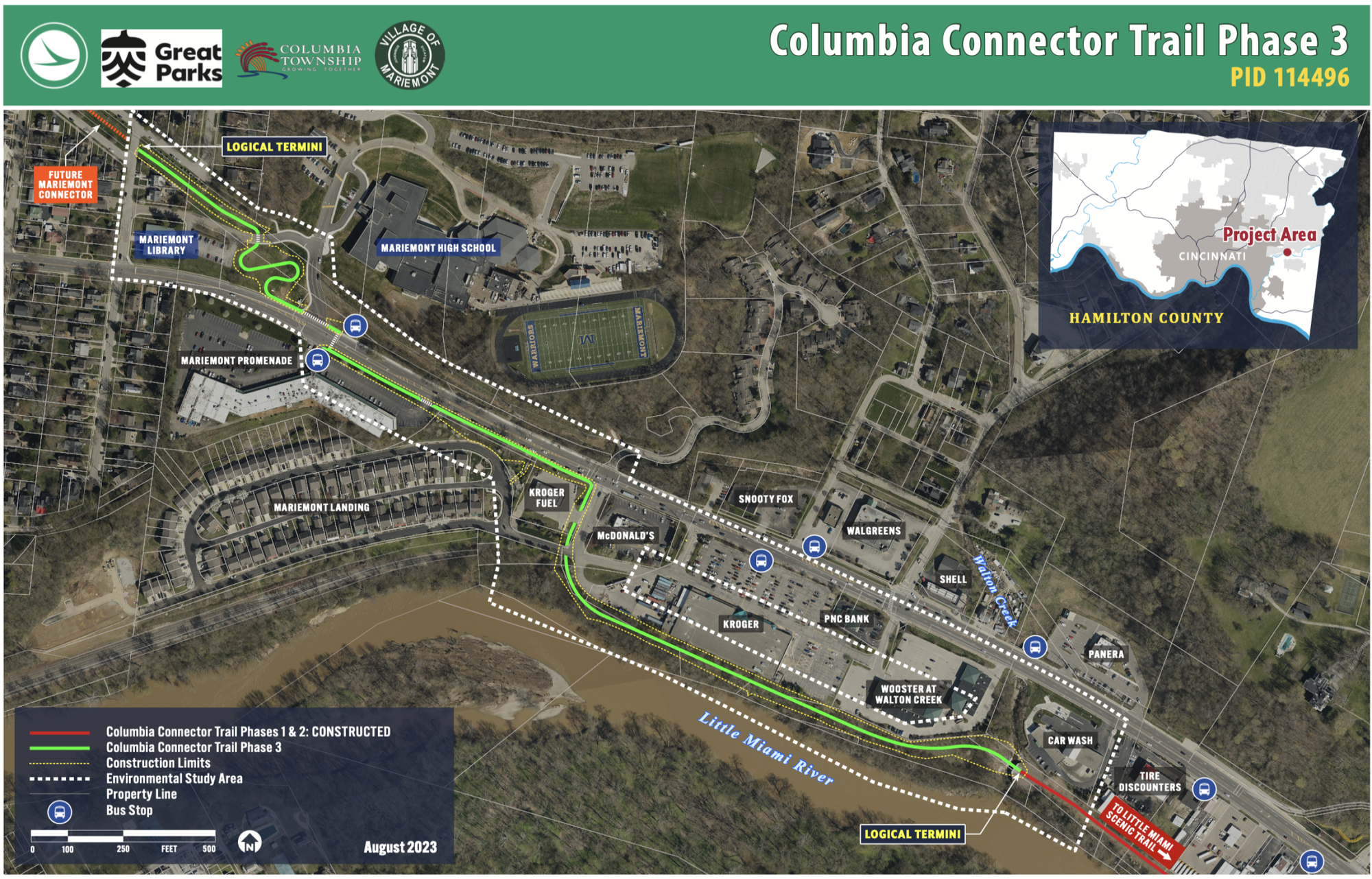 Planning map showing Columbia Connector Trail Phase 3 alignment near Mariemont High School and the Little Miami River.