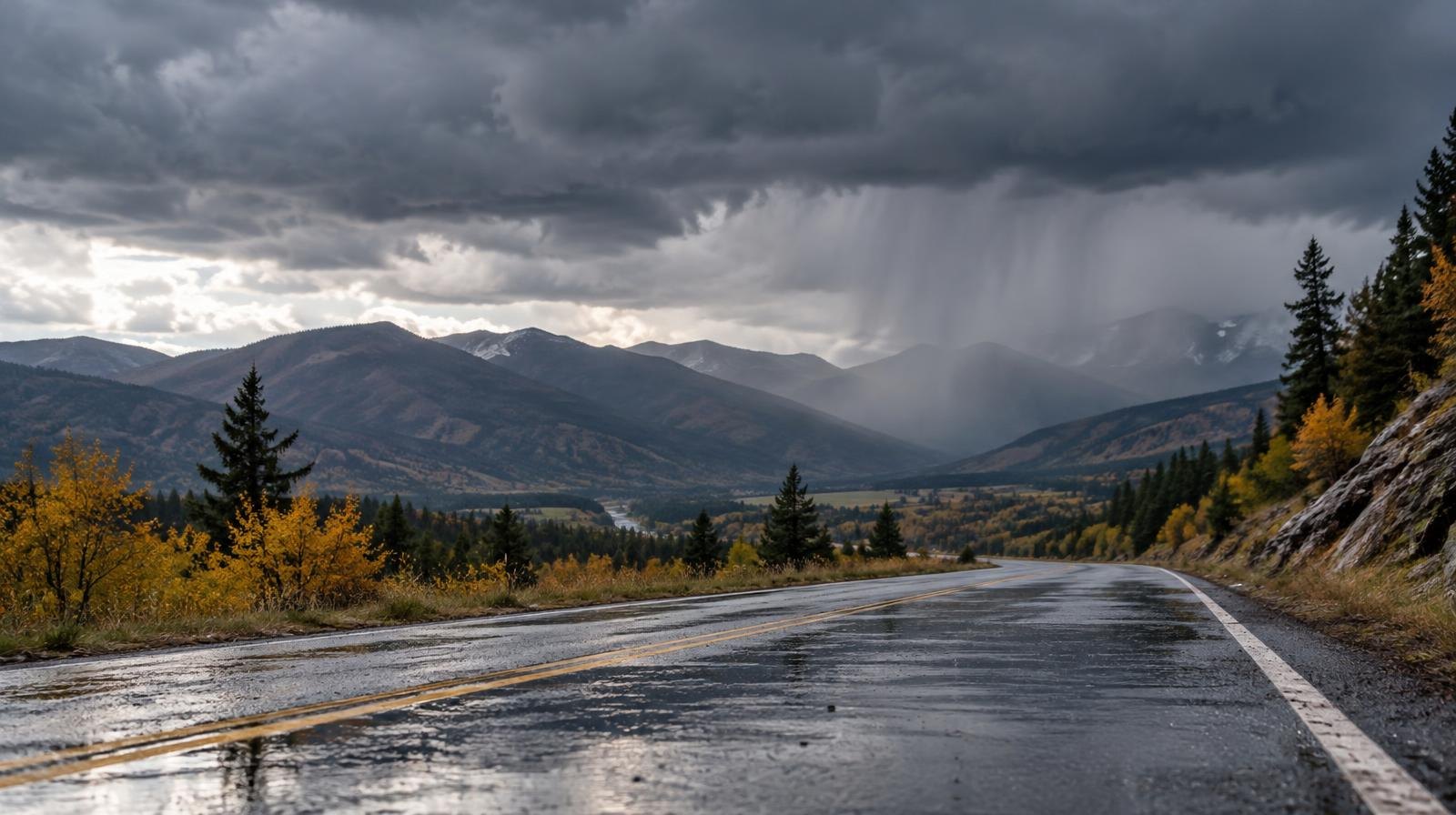 Dark storm clouds loom over a mountain valley with rain and wet pavement visible.