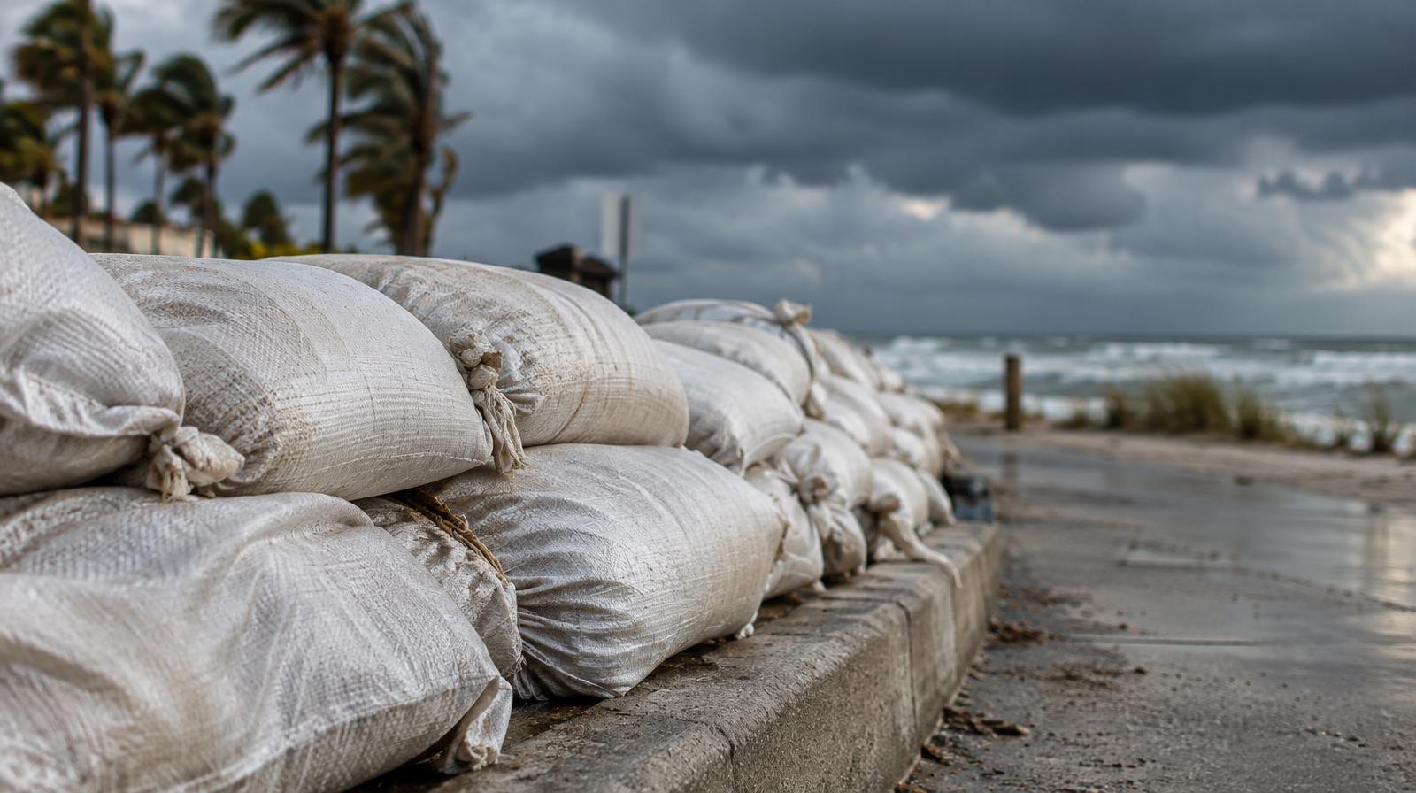 Filled sandbags lined up along a curb with dark storm clouds over the ocean.